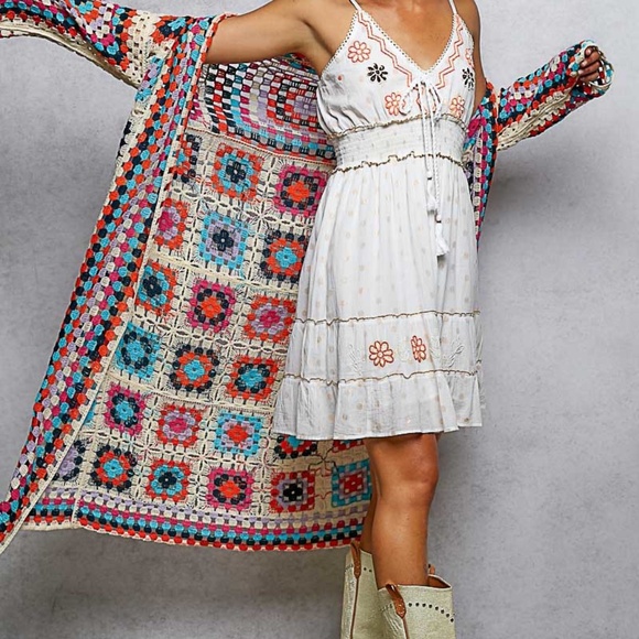 New POL Long Crochet Granny Square Duster Cardigan Boho Multicolor One Size - Picture 8 of 12